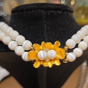 Elegant Double-Strand White Bead Necklace with Gold Floral Clasp